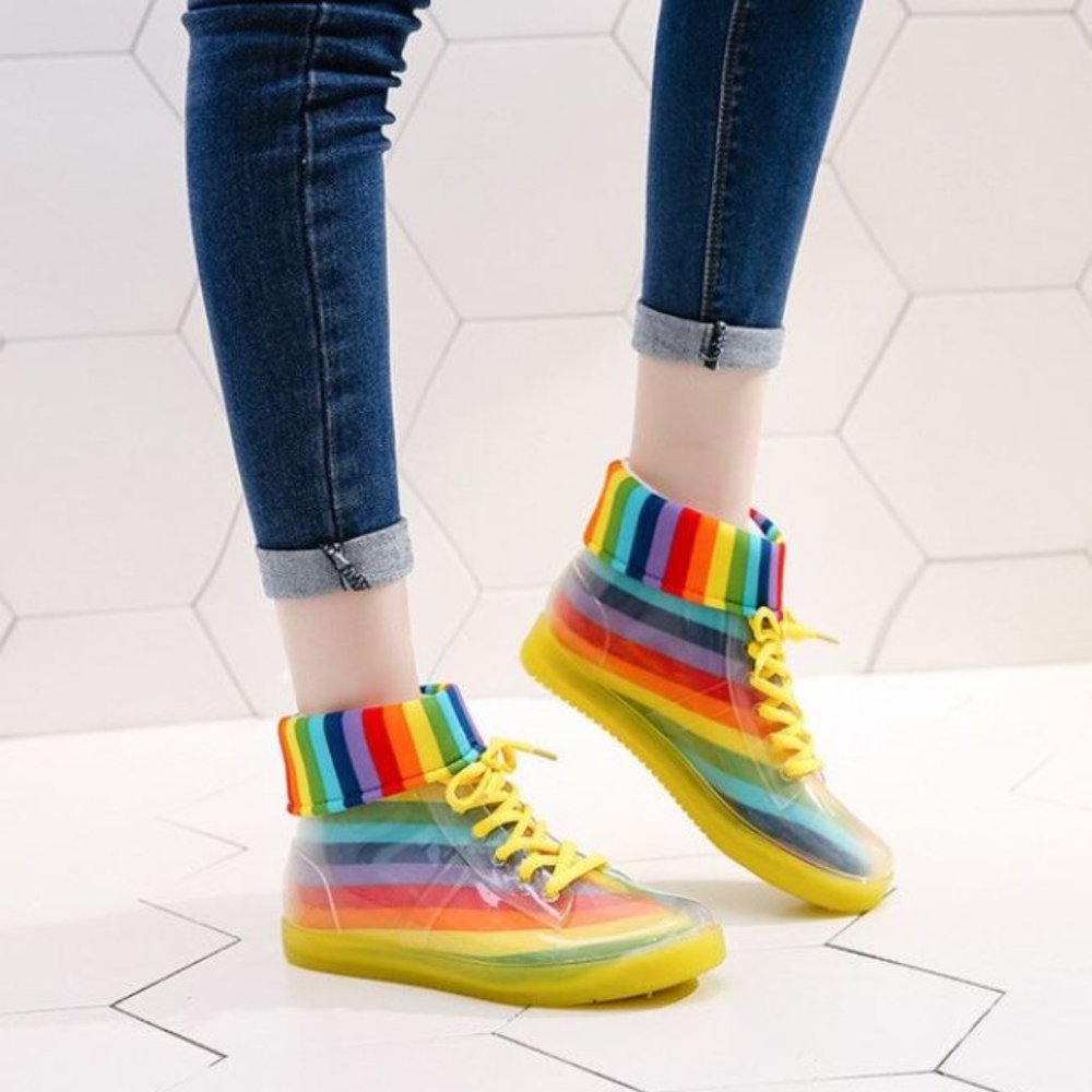 Women Yellow Rainbow Rain-boots w/Removable insole - Picture 1 of 2